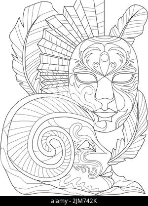 Page de livre de coloriage avec masque de carnaval détaillé avec plume autour. Feuille à colorer avec un objet de camouflage culturel. Objet masqué. Illustration de Vecteur