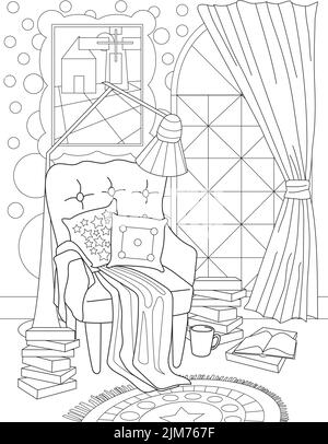 Coloriage page avec fauteuil confortable avec oreillers et couverture. Feuille à colorer avec chaise et lampe dessus, livres et tasse au sol, grande fenêtre et Illustration de Vecteur