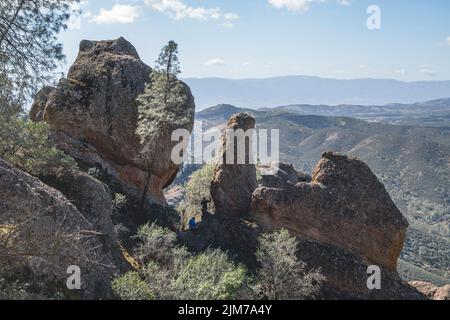 Une belle vue sur les plantes sauvages et les grands rochers contre le ciel bleu lors d'une journée ensoleillée au parc national de Pinnacles, Californie, États-Unis Banque D'Images