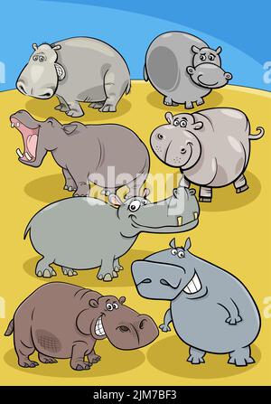 Illustration de dessin animé du groupe de caractères animaux hippopotames Illustration de Vecteur