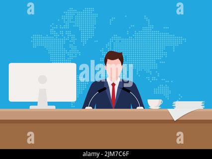 Conférence de presse. Homme debout à la tribune avec des microphones en auditorium avec des gens, carte du monde en arrière-plan. Motifs plats pour bannières Web, W Illustration de Vecteur
