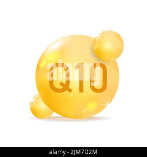 Vitamine Q10 icône dorée. Laisser tomber la capsule de pilule de vitamine. Illustration de Vecteur