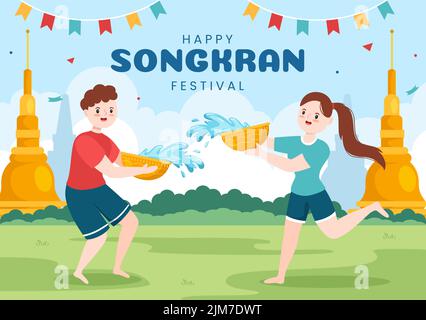 Happy Songkran Festival Day dessin main dessin de dessin dessin animé Illustration jouant au pistolet à eau en Thaïlande Celebration dans le style plat de fond de conception Illustration de Vecteur