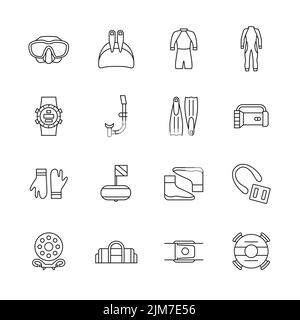Icônes de plongée libre. Palmes, masque, combinaison et autres équipements de plongée. Illustration vectorielle sur un style de ligne mince Illustration de Vecteur