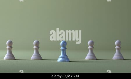 Les pions d'échecs en bois sont alignés avec des pions bleu brillant devant, le concept de leadership dans l'organisation, ose être différent pour bouger Banque D'Images