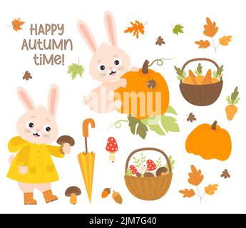 Définissez l'heure de l'automne. Le joli lapin en imperméable et bottes en caoutchouc recueille les champignons et le lapin avec la grande citrouille. Panier avec champignons, carottes et automne Illustration de Vecteur