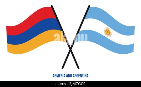 Armenia et Argentina drapeaux croisés et ondulant le style plat. Proportion officielle. Corriger les couleurs. Illustration de Vecteur