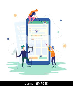 Les utilisateurs attrapent des bogues sur l'application mobile. Test des applications LOGICIELLES INFORMATIQUES, assurance qualité, équipe QA et concept de correction des bogues. Illustration vectorielle dans Illustration de Vecteur