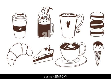 Le café et les desserts sont préparés dans un style doodle. Pâtisseries de collection, crèmes glacées, aliments sucrés et boissons. Éléments de café ou de magasin. Illustration vectorielle Illustration de Vecteur