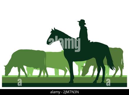 Shepherd saisit les vaches dans les pâturages. Silhouette de l'image. Animaux de la ferme. Animaux pour le lait et les produits laitiers. Isolé sur fond blanc. Vecteur Illustration de Vecteur