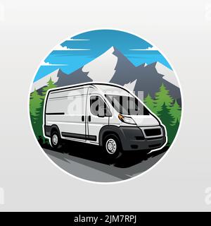 Camping camping-car avec forêt de pins et de montagnes, idéal pour l'illustration et le logo. Illustration de Vecteur