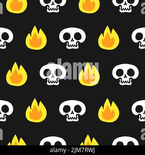 Motif sans couture, crâne et flamme, papier peint. Illustration vectorielle de personnages de dessin animé dessinés à la main. Crâne, feu, papier peint à motif sans flamme Illustration de Vecteur