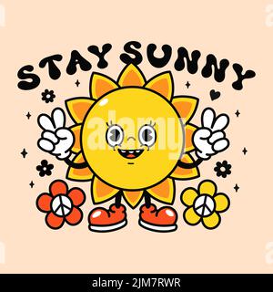 Joli motif t-shirt à imprimé soleil amusant. Texte « Stay Sunny ». Illustration de personnages de dessin animé rétro Vector. Drôle d'impression de soleil pour t-shirt, affiche, autocollant, logo art concept Illustration de Vecteur