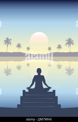 la silhouette de la personne intermédiaire sur un pont au bord du lac tropical paysage de palmiers Illustration de Vecteur