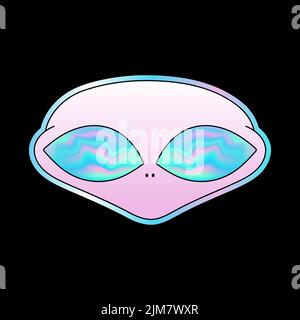 Tête extraterrestre avec yeux holographiques dégradés pour t-shirt, tee-shirt. Motif vectoriel de dessin animé représentant un logo. Trippy psychédélique étranger,acide,ovni,gradient,hologramme imprimé pour t-shirt,tee,logo concept Illustration de Vecteur