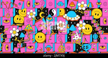 Space trippy 60s style géométrie psychédélique sans couture motif art.Vector Crazy illustration.Smile emoji visages, champignons magiques, espace,techno,acide,style trippy sans couture motif papier peint concept d'impression Illustration de Vecteur