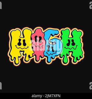 Citation de voyage,Melt emoji visage imprimé pour t-shirt.Illustration vectorielle de personnage de dessin animé à la main.texte de voyage.lettres tripgeuses drôles, imprimé acide pour t-shirt,poster,concept d'art de logo Illustration de Vecteur