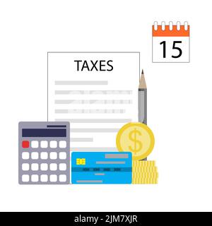 Calculer les taxes et le paiement annuel pour les affaires. Impôt de paiement nécessaire pour le revenu, illustration vectorielle de la date limite d'imposition mensuelle Banque D'Images