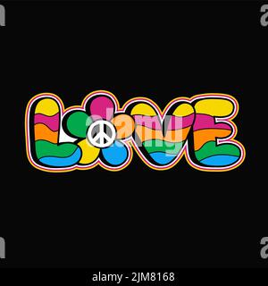 Love Rainbow citation imprimé pour t-shirt.Vector dessin main dessin dessin dessin dessin dessin de personnage illustration.Love text.drôle trippy Rainbow lettres, hippie,60s,70s,acide mode imprimé pour t-shirt,poster,logo art concept Illustration de Vecteur