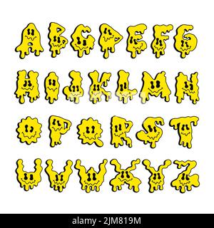 Police de caractères trippy melt emoji.illustration vectorielle de personnages de dessin animé dessinés à la main. Drôle trippy lettres, abc, police acide mode imprimer pour t-shirt, poster, logo art concept Illustration de Vecteur