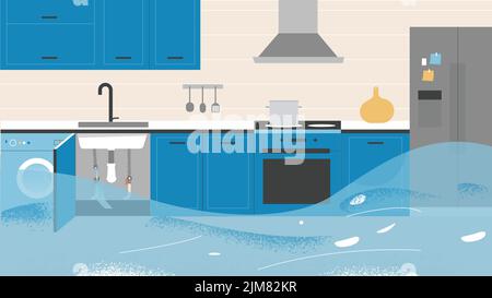 Percée d'eau et inondation dans la cuisine Illustration de Vecteur