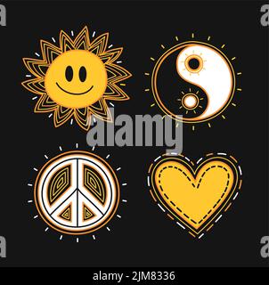 Yin Yang, signe hippie de paix, soleil avec visage de sourire.Vector dessin main dessin personnage illustration.Yin Yang, visage de sourire soleil, coeur, amour hippie paix symbole,boho,60s,70s ensemble de collection imprimé Illustration de Vecteur