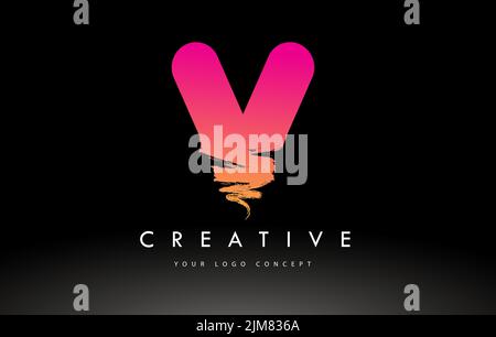 V logo lettre brossé. Motif Pink Brush Letters violet avec motif de pinceau artistique. Illustration de Vecteur