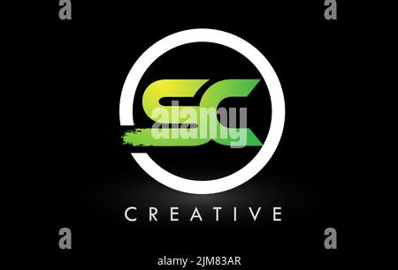 Logo SC Brush Letter avec cercle vert blanc. Logo icône lettres brossées créatives. Illustration de Vecteur