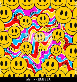 Lignes psychédéliques et sourire fondu face à un motif sans couture. Illustration de dessin animé Doodle vectoriel. Trippy,lsd,Acid,Smile melt emoji face sans couture motif lignes art concept Illustration de Vecteur