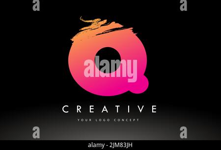 Q logo en forme de lettre brossé. Motif Pink Brush Letters violet avec motif de pinceau artistique. Illustration de Vecteur