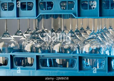 Boîtes en plastique bleu avec verres à vin brillants pour les restaurants à l'envers et reflétant la lumière Banque D'Images