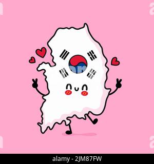 Carte et drapeau de la Corée du Sud souriant et mignon. Dessin d'icône d'illustration de personnage de dessin animé vectoriel. Concept de carte de la Corée du Sud Illustration de Vecteur