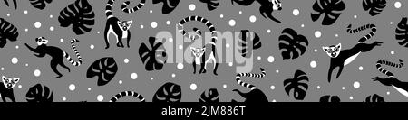 Motif sans couture avec de jolis lémuriens et des feuilles de Monstera. Arrière-plan tropical. Illustration vectorielle. Illustration de Vecteur