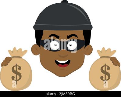 Illustration vectorielle du visage d'un voleur avec un chapeau, un masque et des sacs d'argent entre ses mains Illustration de Vecteur