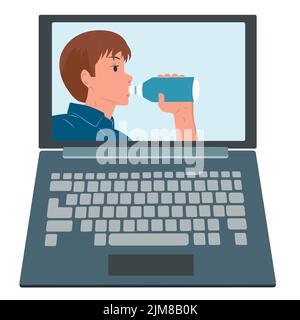 Appel vidéo sur ordinateur portable. Le gars est de l'eau potable. Illustration de Vecteur