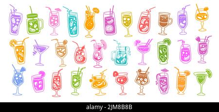 Kit d'icônes pour cocktails à base d'alcool et de jus de fruits. Concept vacances d'été et fête sur la plage. Illustration vectorielle du menu du restaurant Illustration de Vecteur