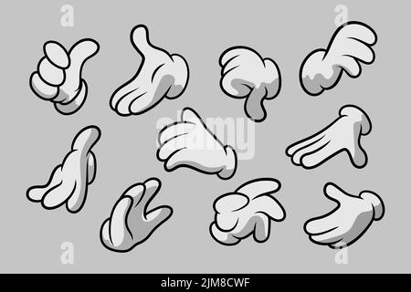 Retro Cartoon gants les mains gestes. Mains de dessin animé avec gants Icon Set isolé. Vector Clipart - parties du corps, bras en gants blancs. Mouvement de la main Illustration de Vecteur