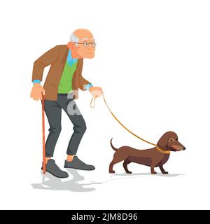 vieil homme marchant avec une mascotte de chien sur fond blanc Illustration de Vecteur
