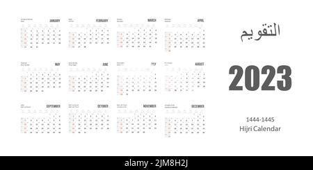 Calendrier islamique et grégorien de Hijri 2023. De 1444 à 1445 modèle de célébration de vecteur. Semaine commençant le dimanche. Prêt pour l'impression. Bureau minimal et plat Illustration de Vecteur