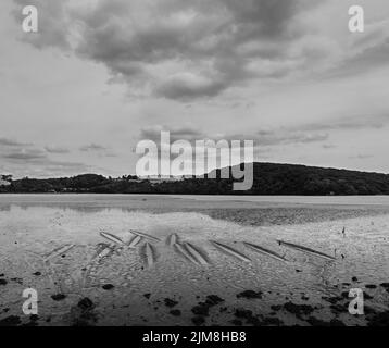 Motifs dans le lit de la rivière Tavy à marée basse vue du quai à Bere Ferrers. Une image monochrome légèrement surréaliste. Banque D'Images