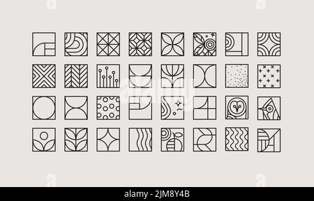 Ensemble d'icônes art déco modernes et créatives en lignes plates sur fond gris. Illustration de Vecteur