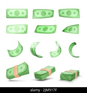 Argent réaliste. Collection de 3D dollars verts isolés sur fond blanc. Billets en papier torsadés et pile de billets en devises. Affaires et fi Illustration de Vecteur