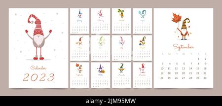 Calendrier des États-Unis 2023 avec gnomes scandinaves. Semaine commençant le dimanche. Modèle vectoriel. Jeu de 12 mois prêt à imprimer. Vacances américaines. Nain nordique Illustration de Vecteur