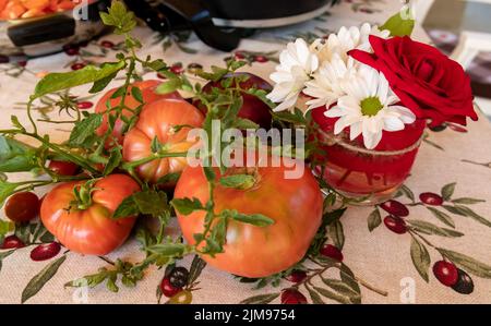 Tomates recién recogidos de la planta, con las ramas y un vaso con una rosa roja y margaritas Banque D'Images