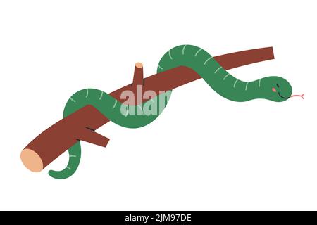 Joli boa, personnage souriant de serpent de jungle accroché à une branche d'arbre, animal tropical de la forêt tropicale, illustration vectorielle isolée sur fond blanc Illustration de Vecteur