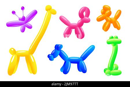 Ensemble d'illustrations vectorielles de jolis ballons en forme d'animaux. Collection d'imprimés avec chien et papillon faits de ballons en latex pour la fête sur le coup Illustration de Vecteur