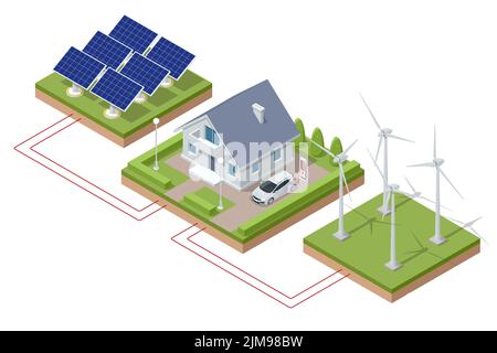 Isométrique industrie de l'énergie verte. Ville intelligente avec des éoliennes, des panneaux solaires, des réservoirs et des batteries. Énergie renouvelable durable éoliennes Illustration de Vecteur