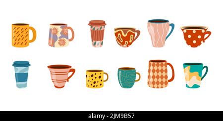 Ensemble d'illustrations représentant un café et un thé en porcelaine colorée. Mugs en céramique pour matcha, différentes boissons et boissons avec un joli motif scandinave Illustration de Vecteur