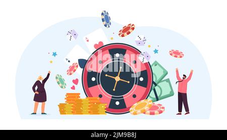 Les gens heureux gagnant de l'argent dans la roulette de casino et le poker. Un petit homme et une femme jouant aux jeux de hasard en ligne, debout avec la roue de fortune, les cartes et la puce Illustration de Vecteur