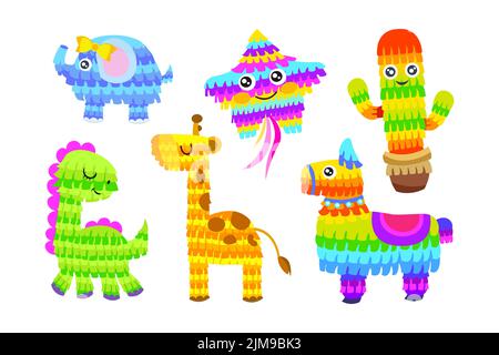 Ensemble d'illustrations vectorielles de personnages de dessin animé de pinata mignons. Jouets mexicains de formes d'animaux et de cactus pour les anniversaires, fêtes ou carnavals isolés sur le mercout Illustration de Vecteur